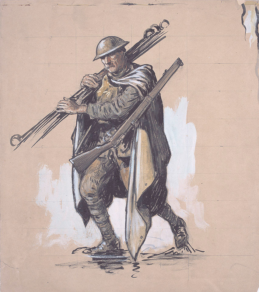 A Tommy wearing rain cape and carrying picket posts, 1917 (c)