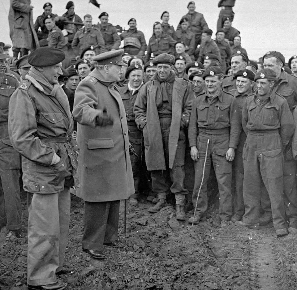 Sir Winston Churchill and FM Montgomery visiting men of 79th Armoured Division, March 1945
