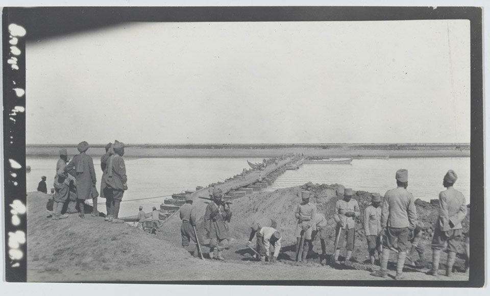 A pontoon bridge at Hibsh built by Indian Sappers and Miners, 1916