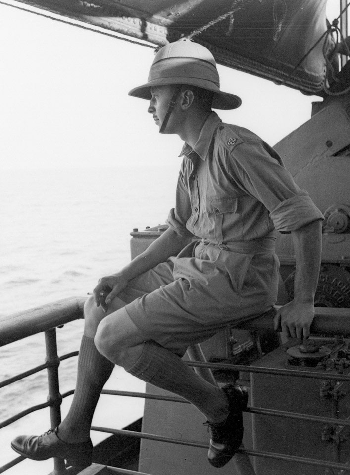 'Reggie Davies', tropical dress, 3rd County of London Yeomanry (Sharpshooters), on board HMT Orion en route to Egypt, 1941