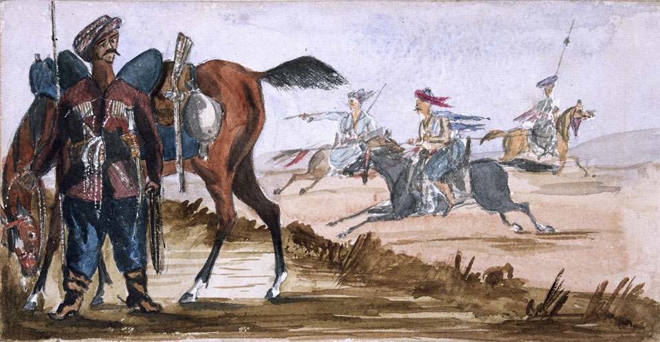 'Bashi Bazouk of Circassia, & others at exercise in the background ...