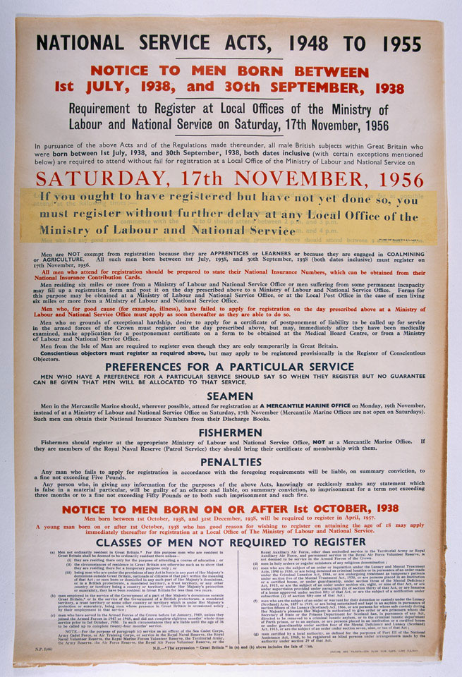 'National Service Acts, 1948 to 1955. Notice to men born between 1 July 1938 and 30 September 1938